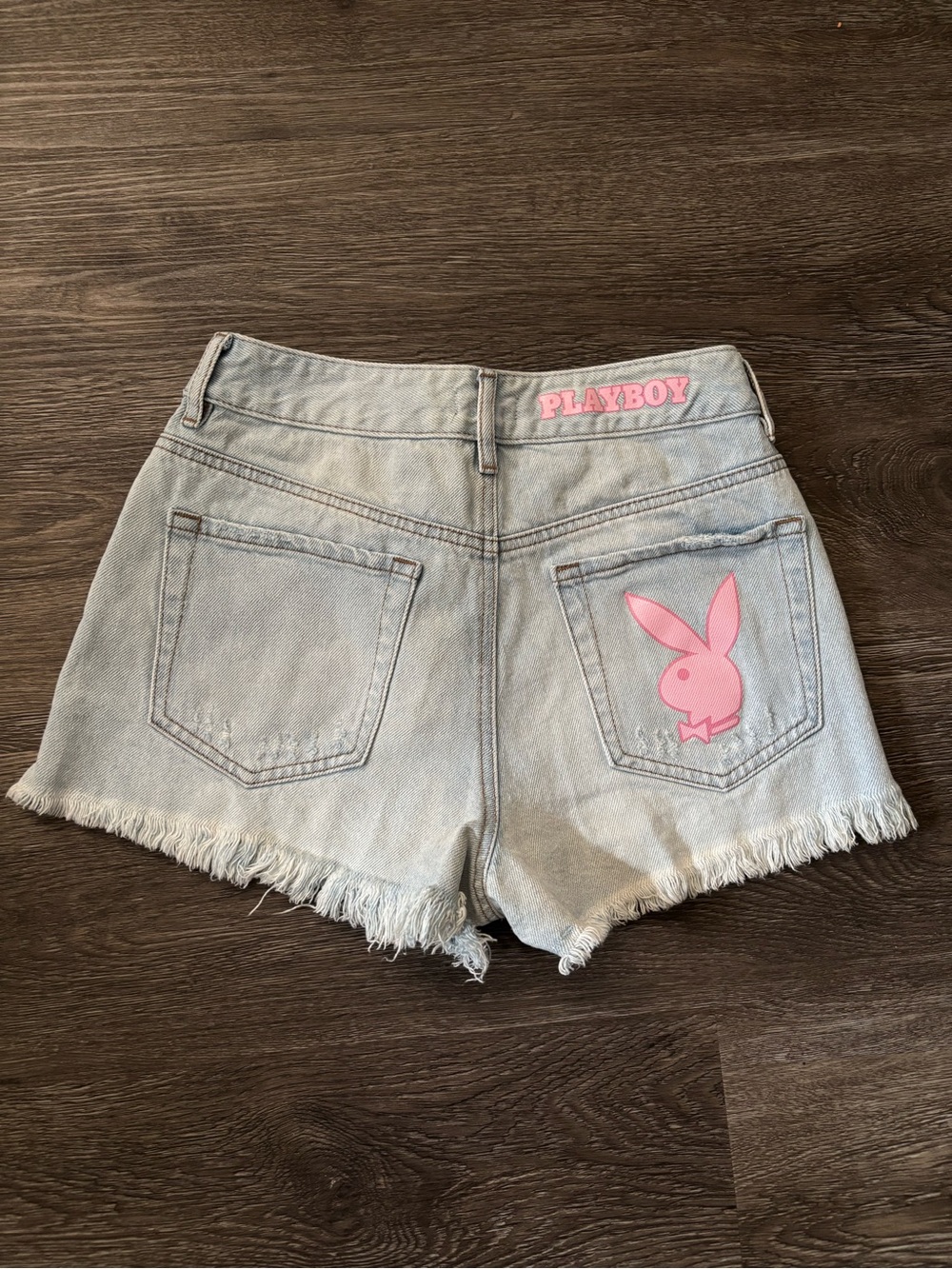 PLAYBOY Light Wash Denim Shorts with Pink Bunny Patch